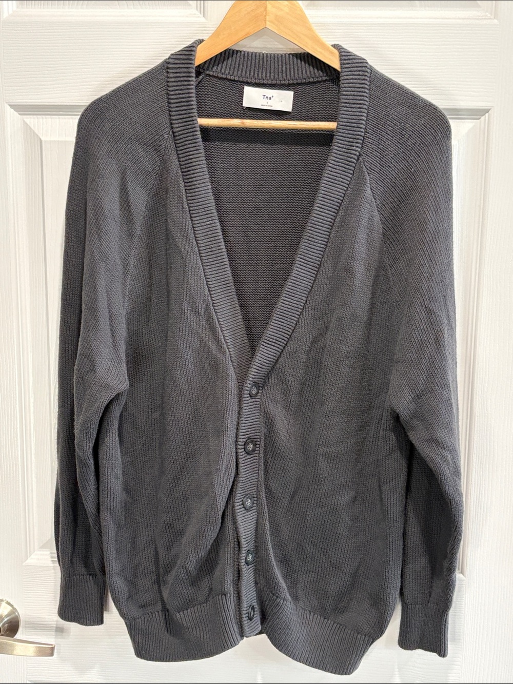 Aritzia Tna Cotton V Neck Boyfriend Cardigan Charcoal Grey, Size 1 (M)